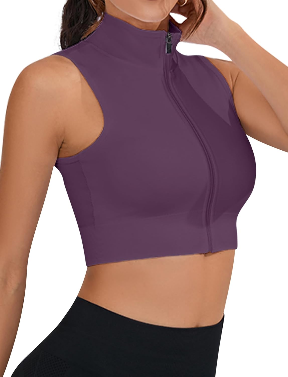 FEOYA Women Workout Cropped Jacket Sports Crop Tank Tops Cute Athletic Full Zip Shirts Sleeveless Yoga Top
