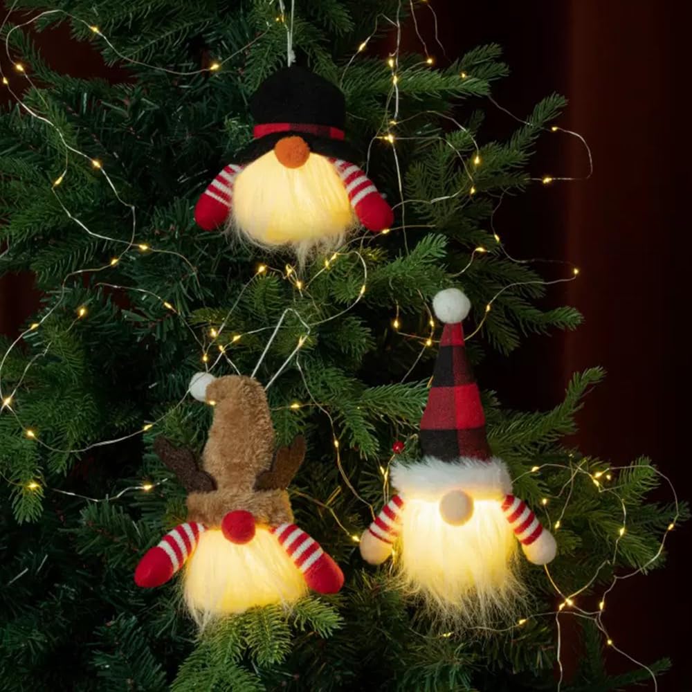 GUOCHENG 3pcs Christmas Ornaments, Cute Gnomes Light Xmas Tree Decorations, Santa Claus Plastic Hanging Ornaments for Christmas Tree, DIY Hanging Dwarf Lights Decor