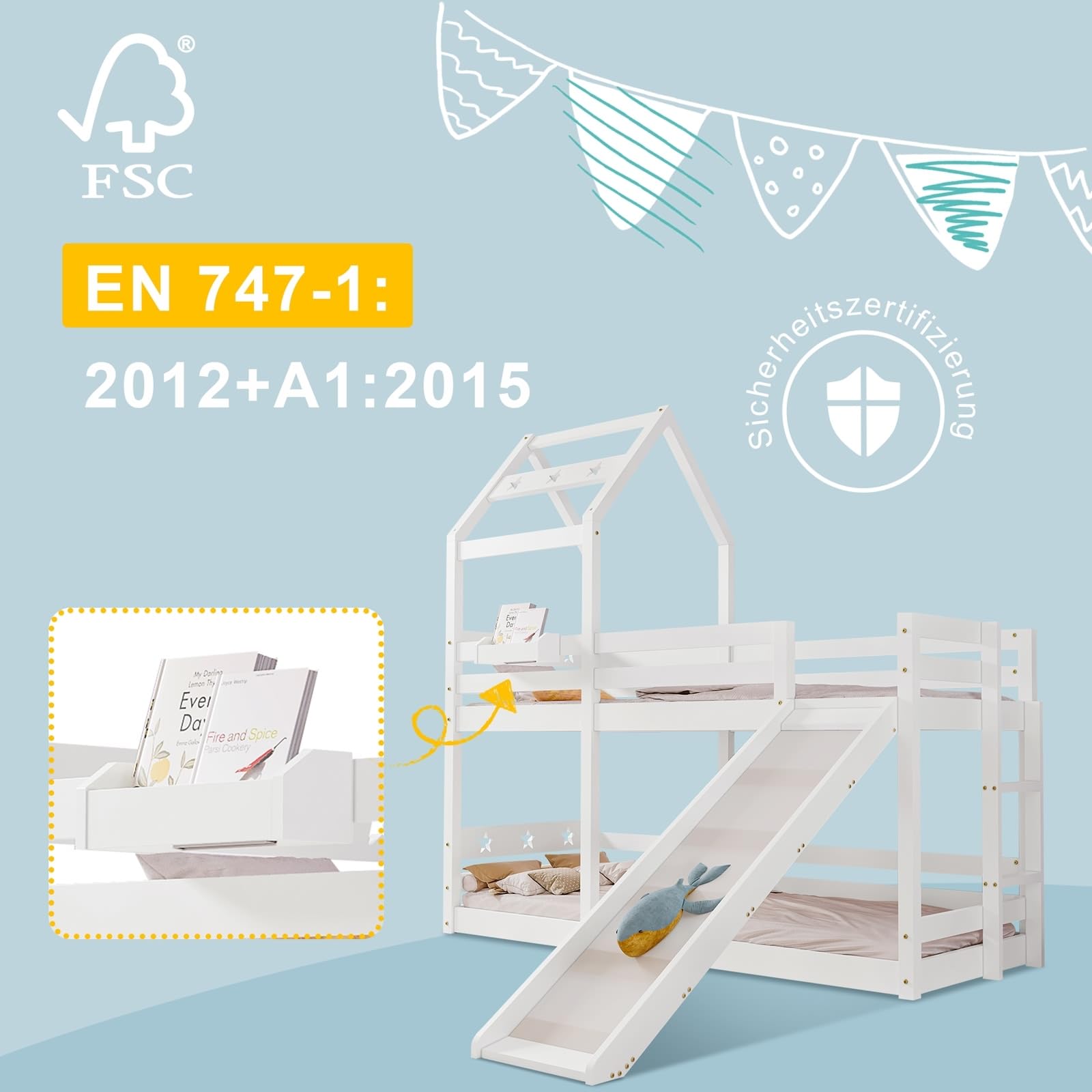 Weiß Kinderbett 90 X 200 cm Baumhaus Mit Rutsche Und Leiter, Hochbett Für Kinder– 2X Lattenrost