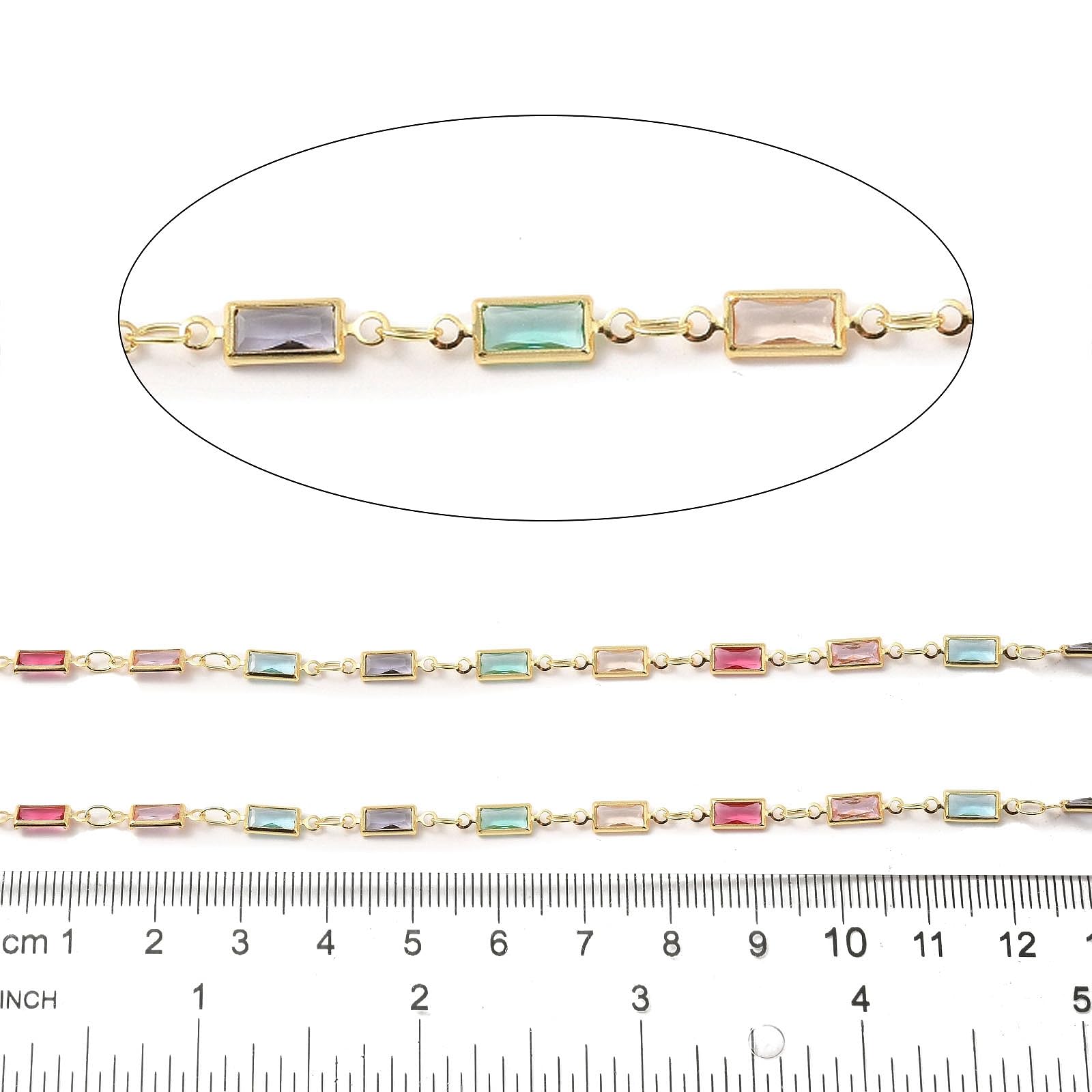 Airssory Catena a maglie in ottone fatta a mano con ciondoli rettangolari colorati in vetro, catena non finita, placcata oro, per la creazione di gioielli, bracciali, collane, cavigliere fai da te, 5