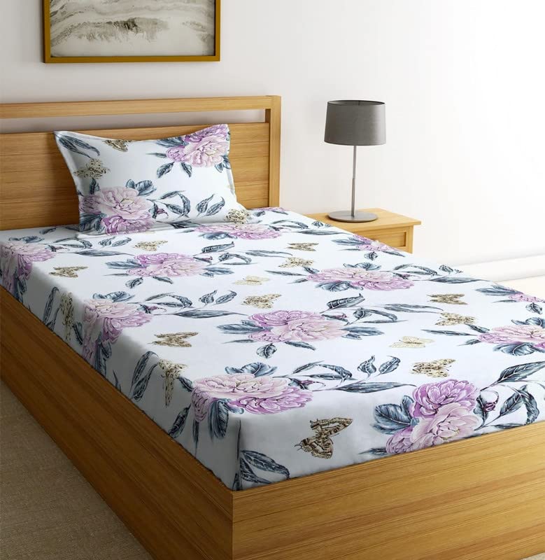 Image of NHD HOME Premium Glace Cotton 180 TC Flat Single Bedsheets for Summer Breathable | Wrinklefree (Size-60 X 90 Inch) with 1 Pillow Covers (Size-17 X 27 Inches, Floral, White & Pink)