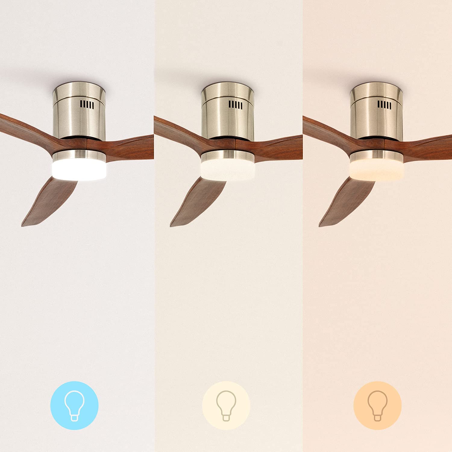 CREATE/WINDCALM/Ventilador de techo ABS con luz níquel efecto aspas madera oscura y mando / 40W, Silencioso, Ø132 cm, 6 velocidades, 3 temperaturas de luz, temporizador, función verano-invierno