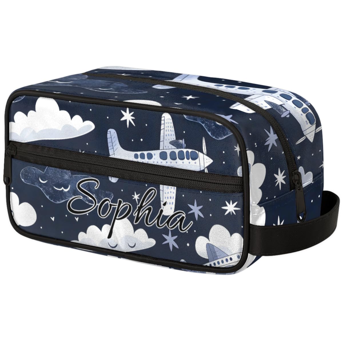 Joyousleap Aircraft Personalized Toiletry Bag for Women Men, Custom Name Flying Airplane Navy Blue Hanging Cosmetic Bag Makeup Case Travel Portable
