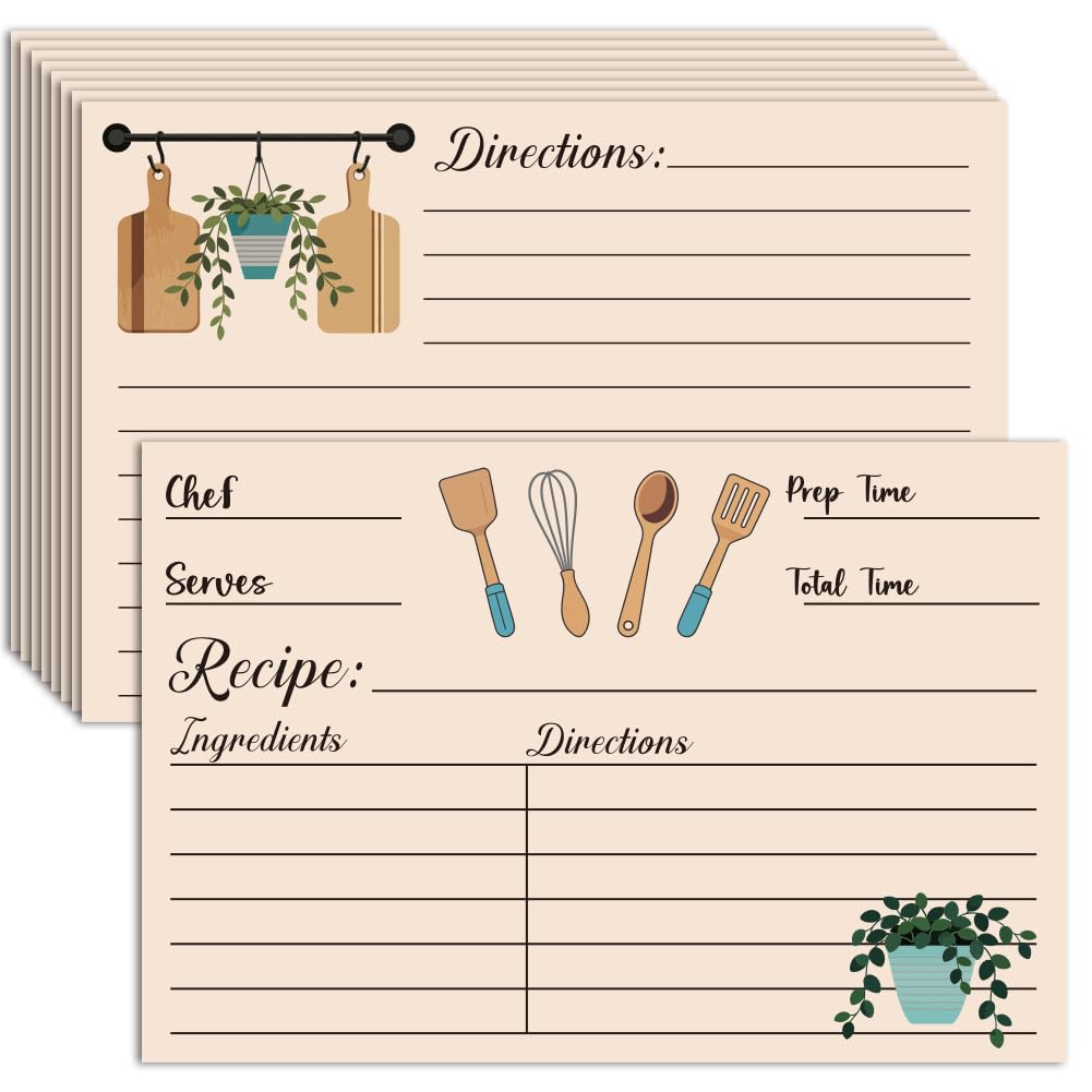 PRESSINART 50Pcs Recipe Cards 4 x 6 Inch Plants Cooking Utensils Design, Recipe Cards Double Sided Blank Cardstock Paper for Kitchen Diaries Wedding Bridal Shower Banquet Preparation Housewarming