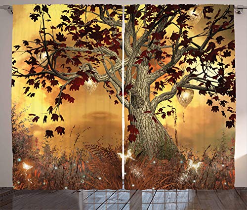Hot Deals Ambesonne Mystical Tree Decor Curtain by, Old Twisted Tree and Bright Butterflies Mystic Picture, Window Drapes 2 Panel Set for Living Room Bedroom, Multi 1, 108" W By 84" L
