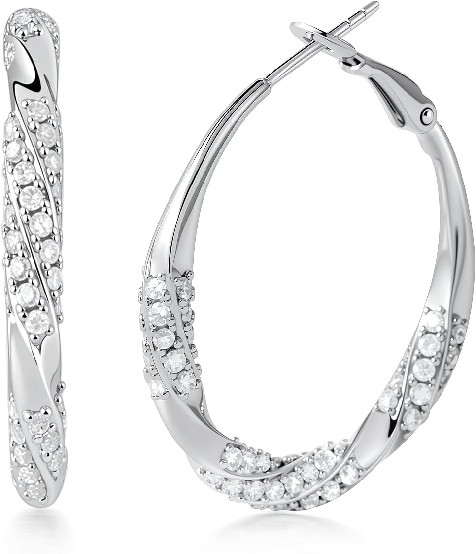 RINEY&KY 30MM Moissanite Earrings Moissanite Hoop Earrings for Women White Gold Plated Silver Hoops S925 D Color VVS1 Lab Created Diamond Round Hoops Lightweight Comfortable Wear Twisted Large Hypoallergenic 2.16CT