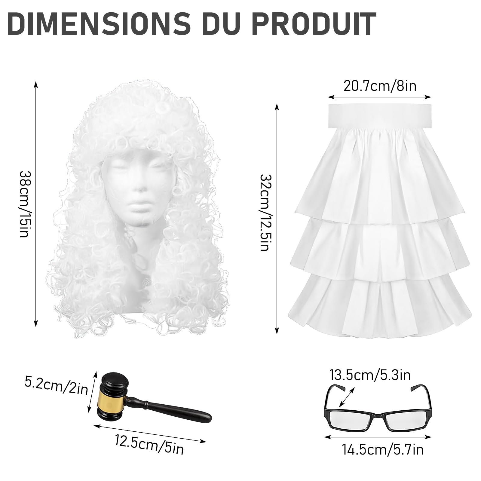 Costume de Juge Adulte 5 Pièces, Robe Noire, Perruque Blanche et Marteau