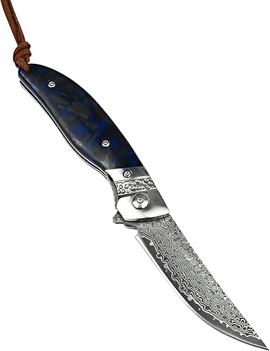 Miniatura 3 de ALBATROSS Cuchillo de bolsillo plegable de Damasco premium - EDC con mango de carbono azul fluorescente, apertura asistida con rodamiento de bolas,