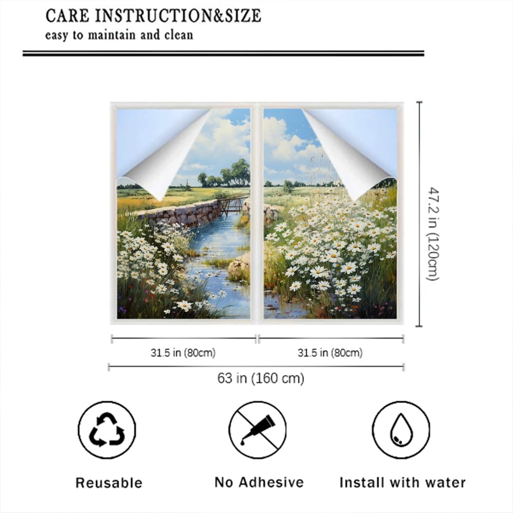 Countryside Scenery Window Film Heat Blocking Natural Wildflowers White Daisy Privacy Window Decor Glass Door Covering Self-Adhesive Window Film for Bathroom Kitchen 31.5Wx47.2L-inch x2 Pcs
