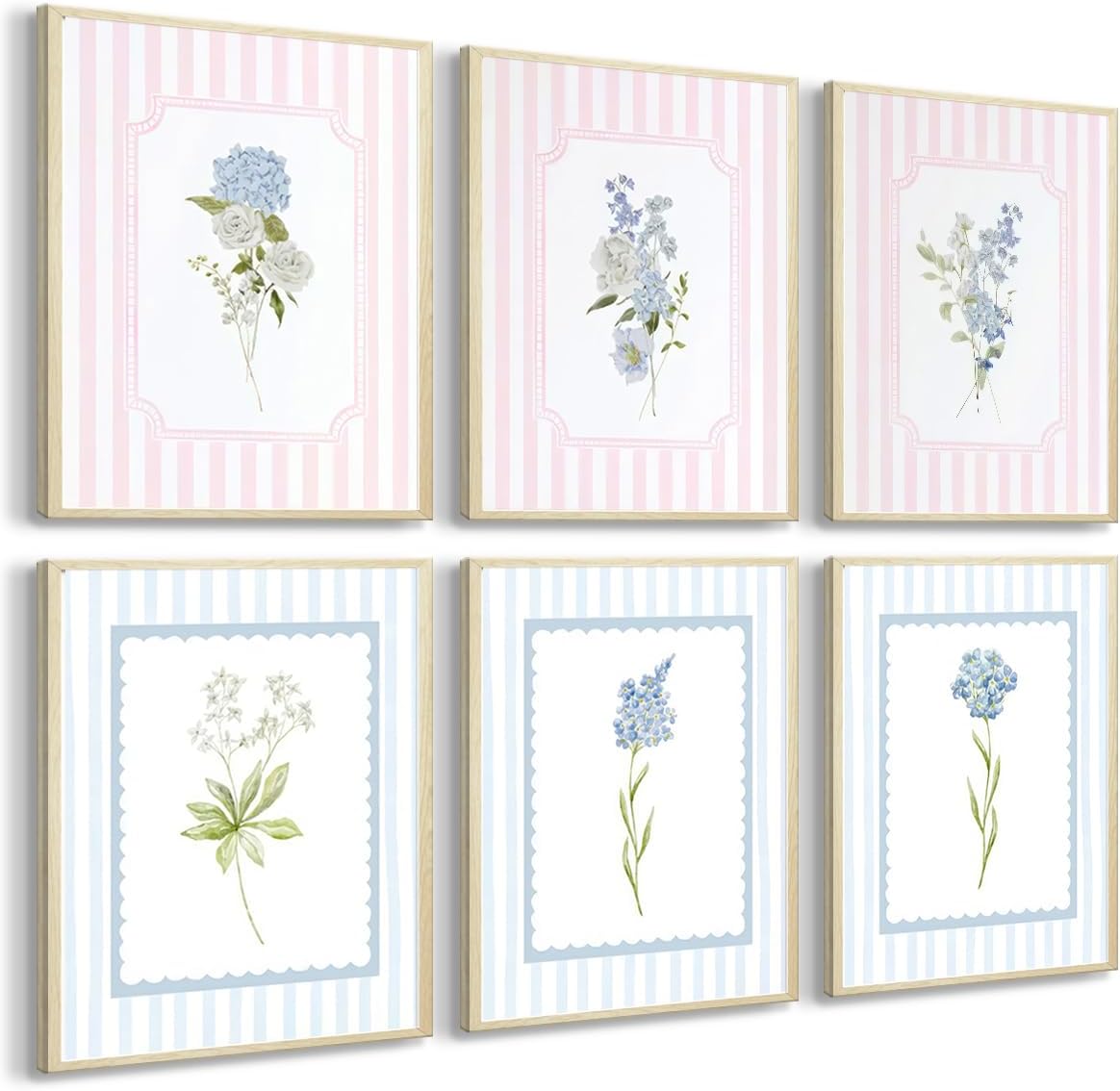 WNRTEKNK 6pcs Floral Nursery Wall Art Pink Blue Botanical Canvas Prints Flower Hydrangea Wall Decor Wildflower Pictures Pastel Wall Decor Painting for Girls Bedroom 8x10 Inch Posters Unframed