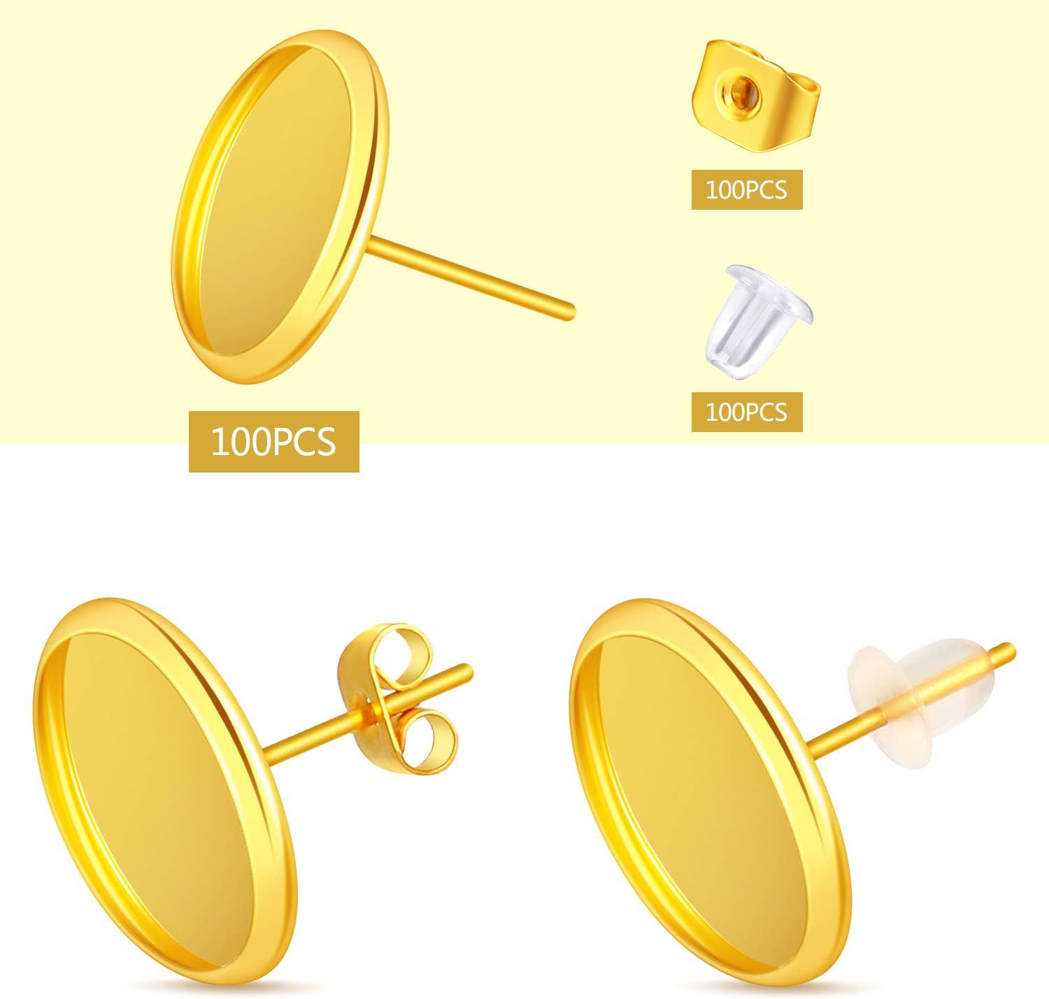 300 Pieces Stud Earring Kit Include 100pcs 12 mm Stainless Steel Blank Stud Earring Bezel Settings 100 Rubber Backs 100 Stainless Steel Earring Backs (Gold with Gold and Clear)