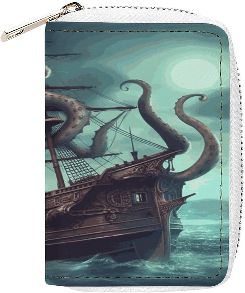 Leather Card Organizer Case Card Wallet Credit Card Holder Octopus Ship Printed Zipper Card Cases Holder for Women Men