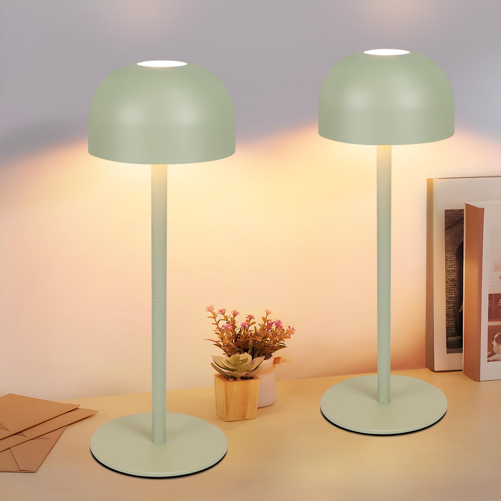 Homefire Lampada da tavolo a LED senza fili, 2 pezzi: touch dimmabile, 3 temperature di colore ricaricabile, batteria regolabile, portatile, impermeabile, verde
