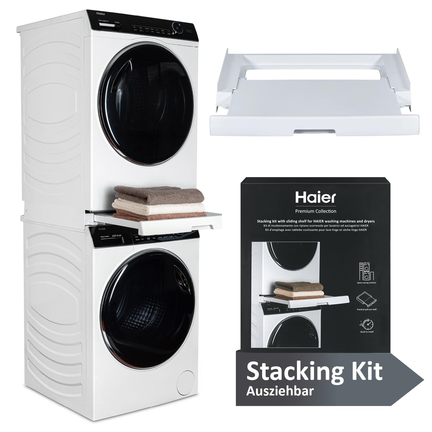 Haier Zwischenbaurahmen für Trockner & Waschmaschine, ausziehbar I Universaler Verbindungsrahmen für Haier Waschmaschine Serie 3, 5, 7 & Trockner Serie 5, 7 I Kippsicherer Zwischenbausatz weiß