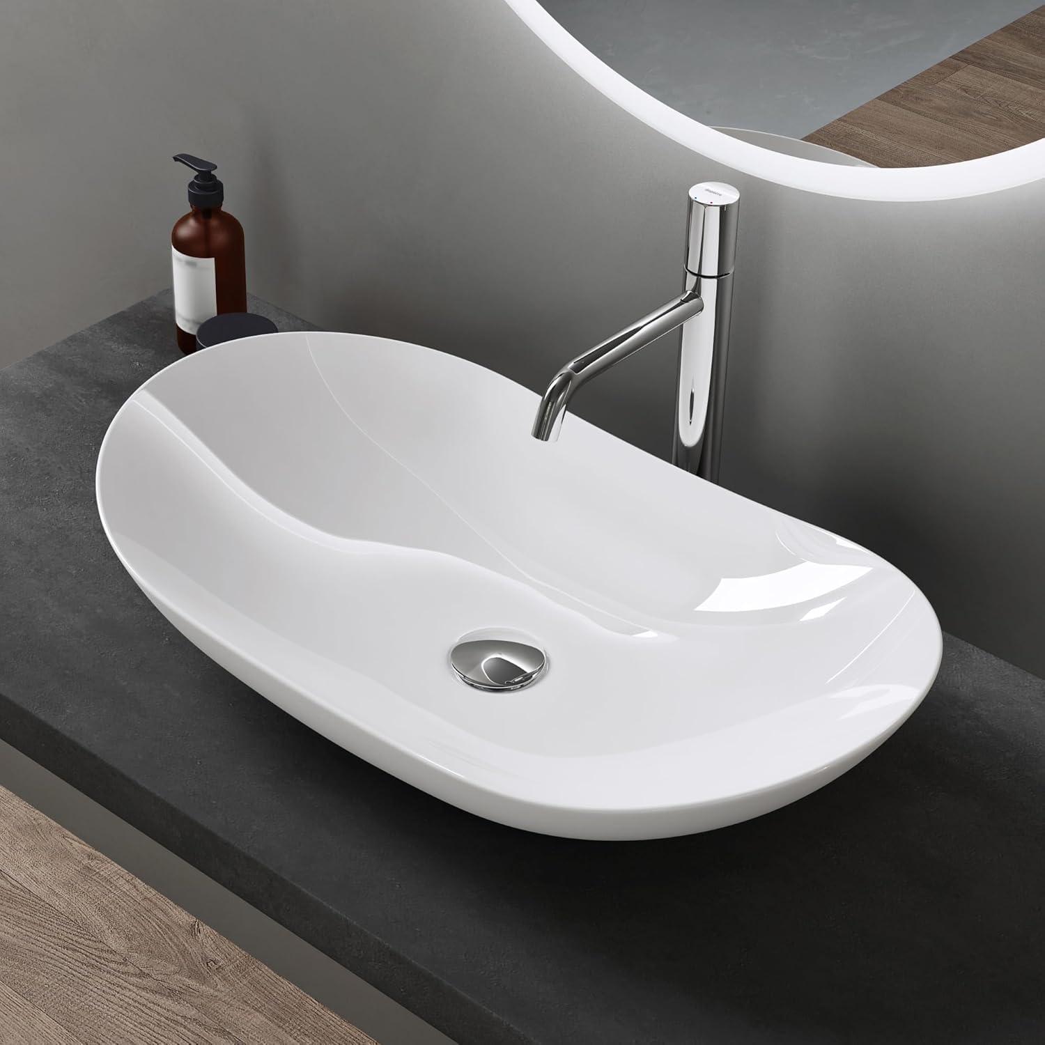 doporro Lavabo sobre Encimera Blano Brillante de Cerámica 63x37x14cm Lavabo de Mano Ovalado Brüssel858