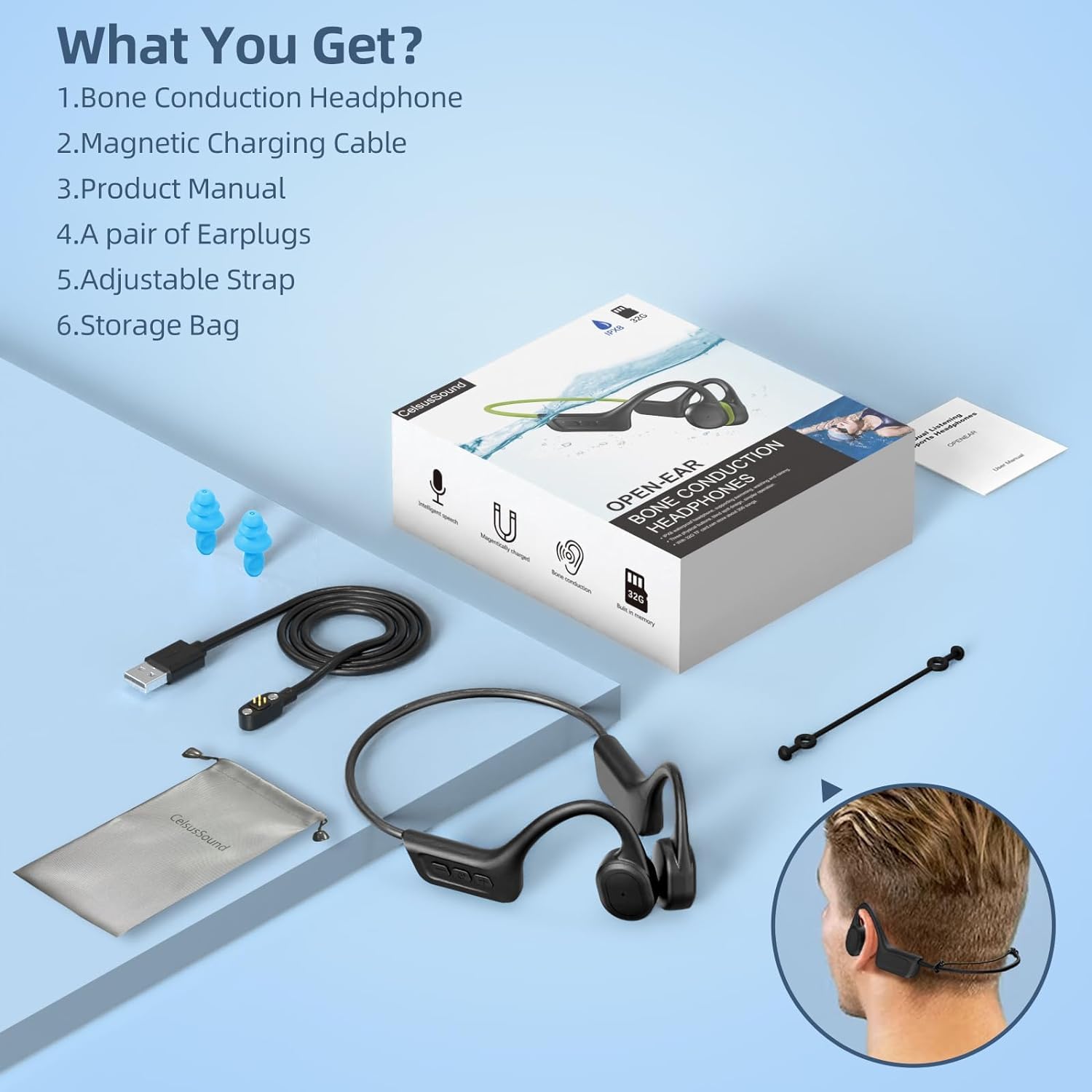 Cuffie a conduzione ossea, impermeabili IP68, auricolari wireless Bluetooth 5.3 con microfono, MP3 da 32 GB integrati, cuffie Bluetooth aperte per corsa (nero opaco)