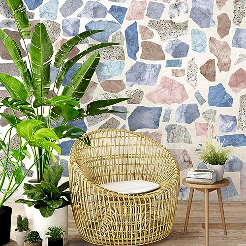 12 Sheets Boho Stone Terrazzo Wall Sticker Irregular Colorful Geometric Stones DIY Peel and Stick Vintage Abstract Geometric Modern Wall Decor for...