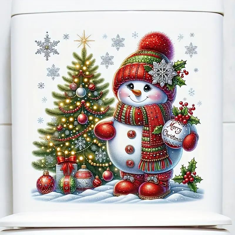 Christmas Snowman and Christmas Tree Toilet Cover Sticker Decals,Fish Bird Flower Leaf Waterproof Toilet Lid Tank Seat Decals Cistern Self-Adhesive Bathroom Wall Sticker