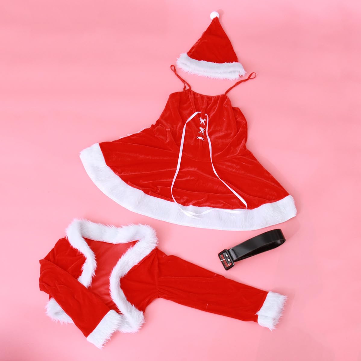 VICASKY 2 Pièces Costume de Père Noël Femme Adulte en Velours Rouge pour