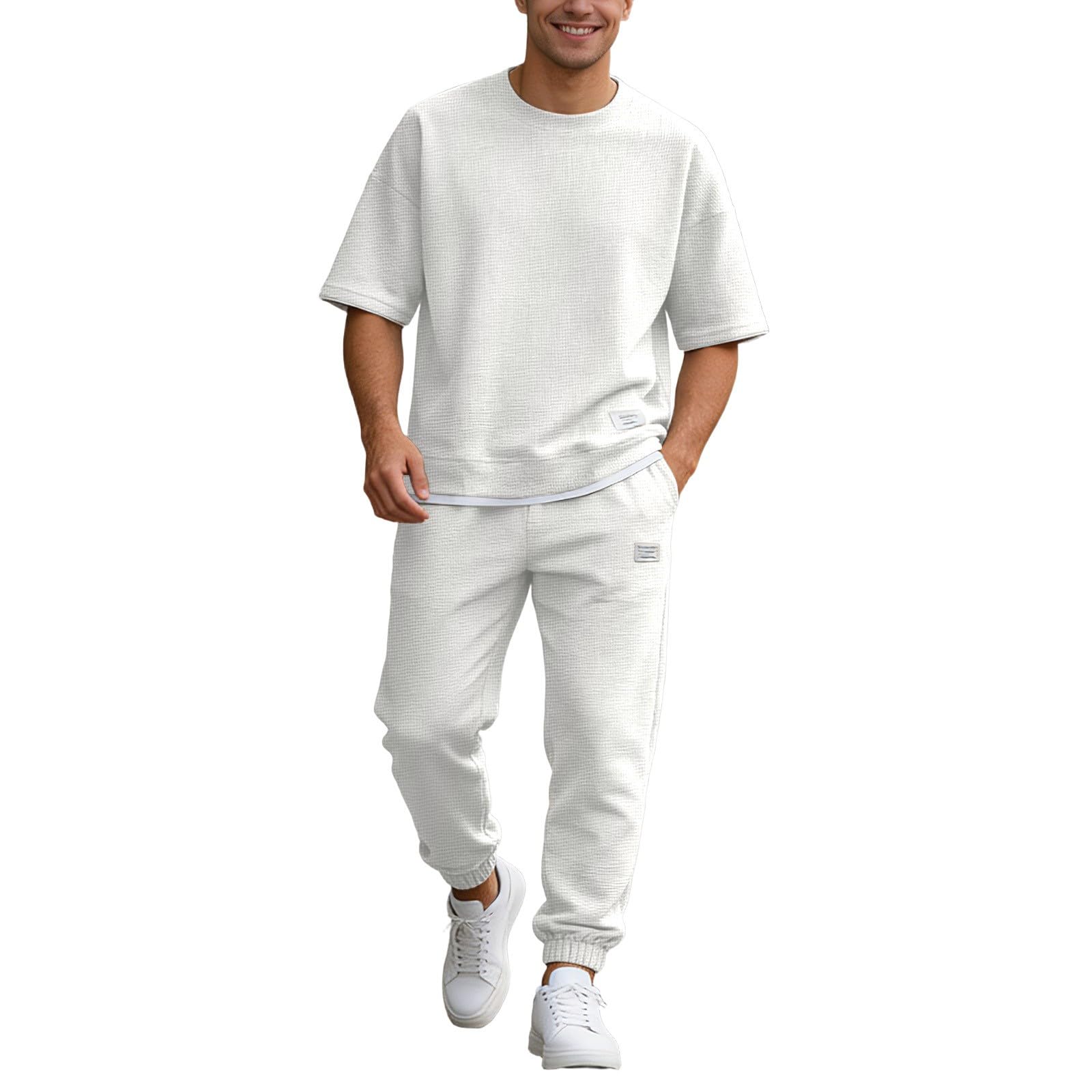 Traje Casual Hombre 2 Piezas Camiseta Oversize de Punto Waffle Pantalones Largos Jogger Cómodos Conjunto de Verano para Hombre Moderno — view 10