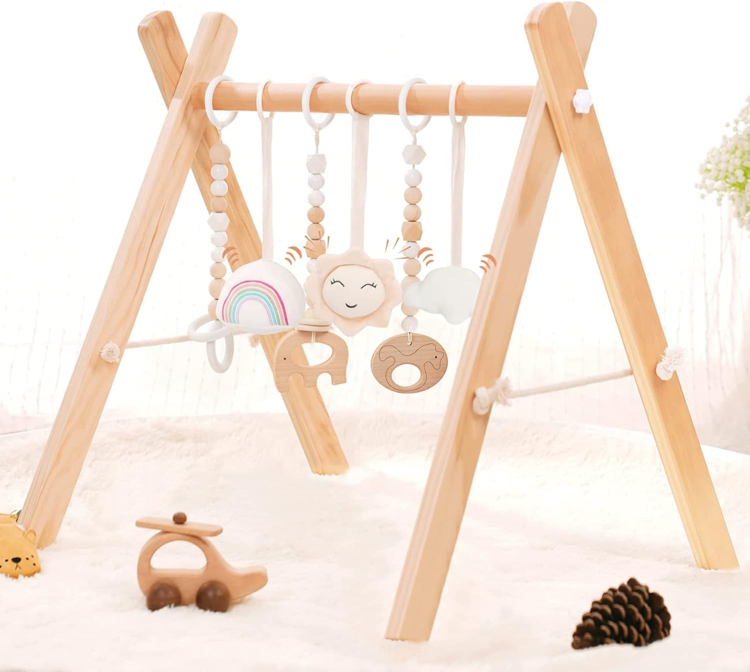 Wooden Baby Gym with 6 Wooden Baby Toys Foldable Baby Play Gym Frame