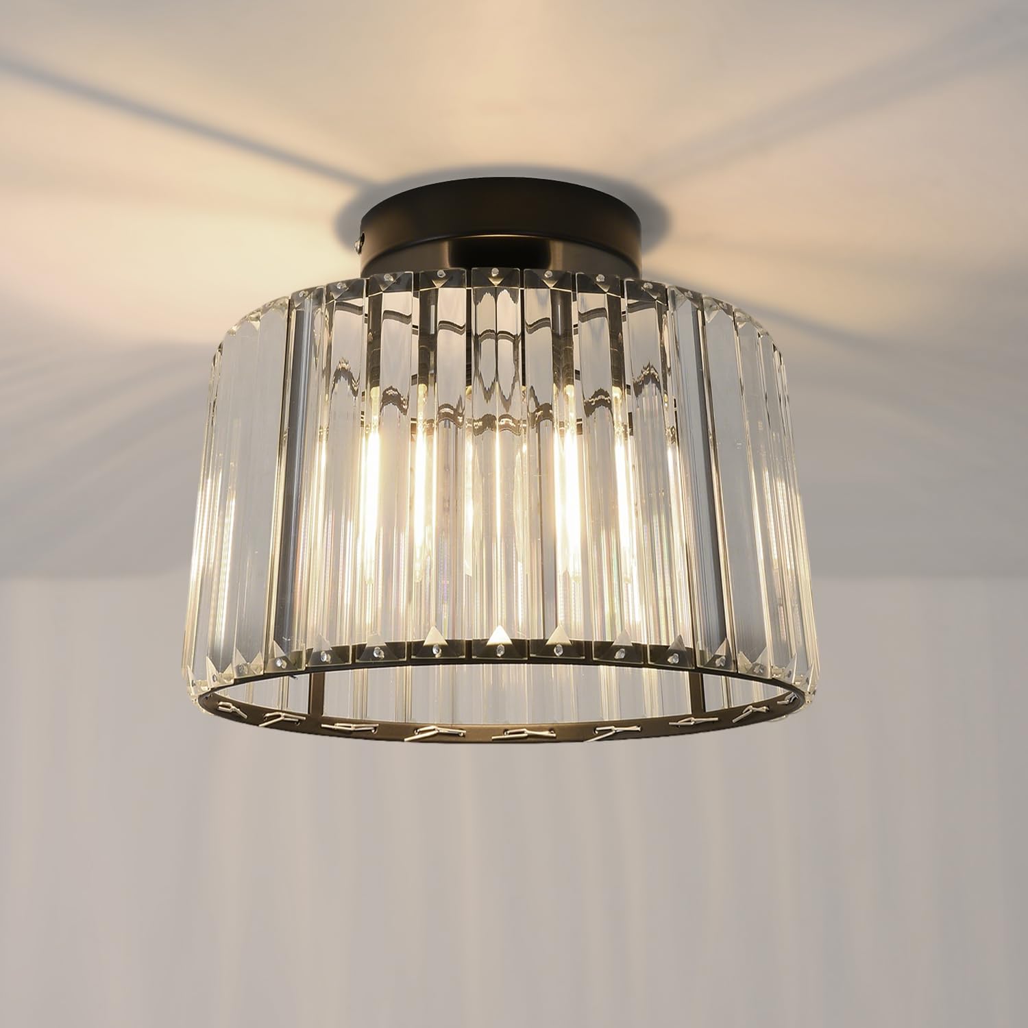 ANWIO Żyrandol Szklany Czarna Lampa Sufitowa z Kryształem E27 26,5CM