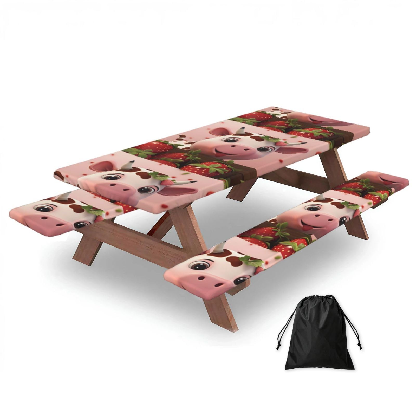 Erwqavc Black Cows And Strawberries Print Picnic Table Cover & Bench Covers 3-Pack Set, Elastic Tablecloths For 6 Ft Rectangle Tables