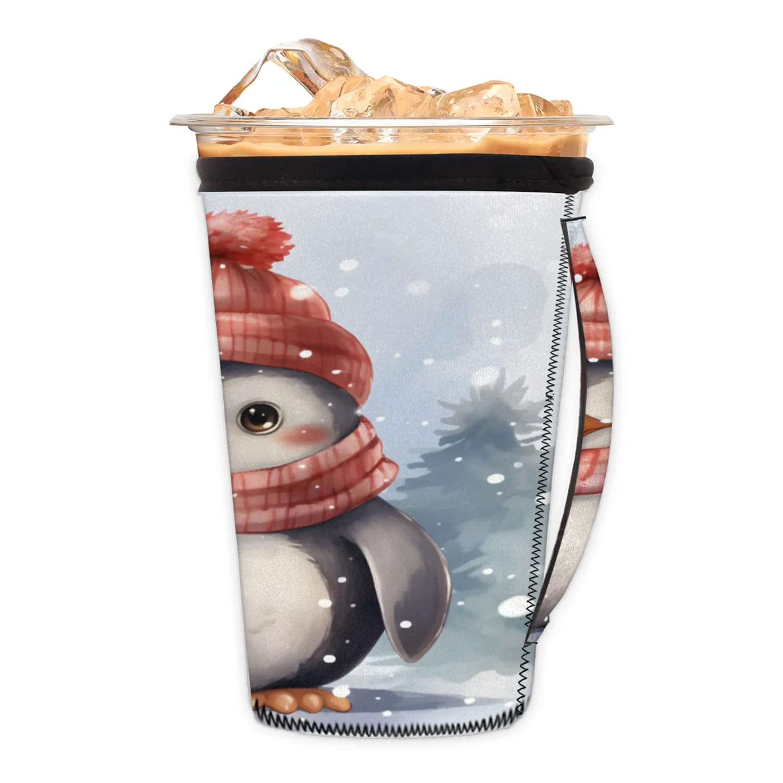 Penguin Cartoon Hat Scarf Reusable Neoprene Coffee Sleeve with Handle Insulated Iced Coffee Cup Holder Reduces Condensation Fits 24-28 oz Cups M