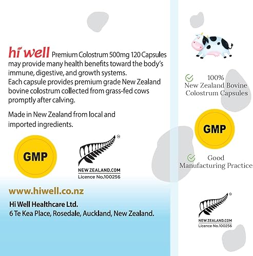 Miniatura 6 de Hi Well Premium 100% puro calostro bovino alimentado con pasto de Nueva Zelanda 500 120 cápsulas