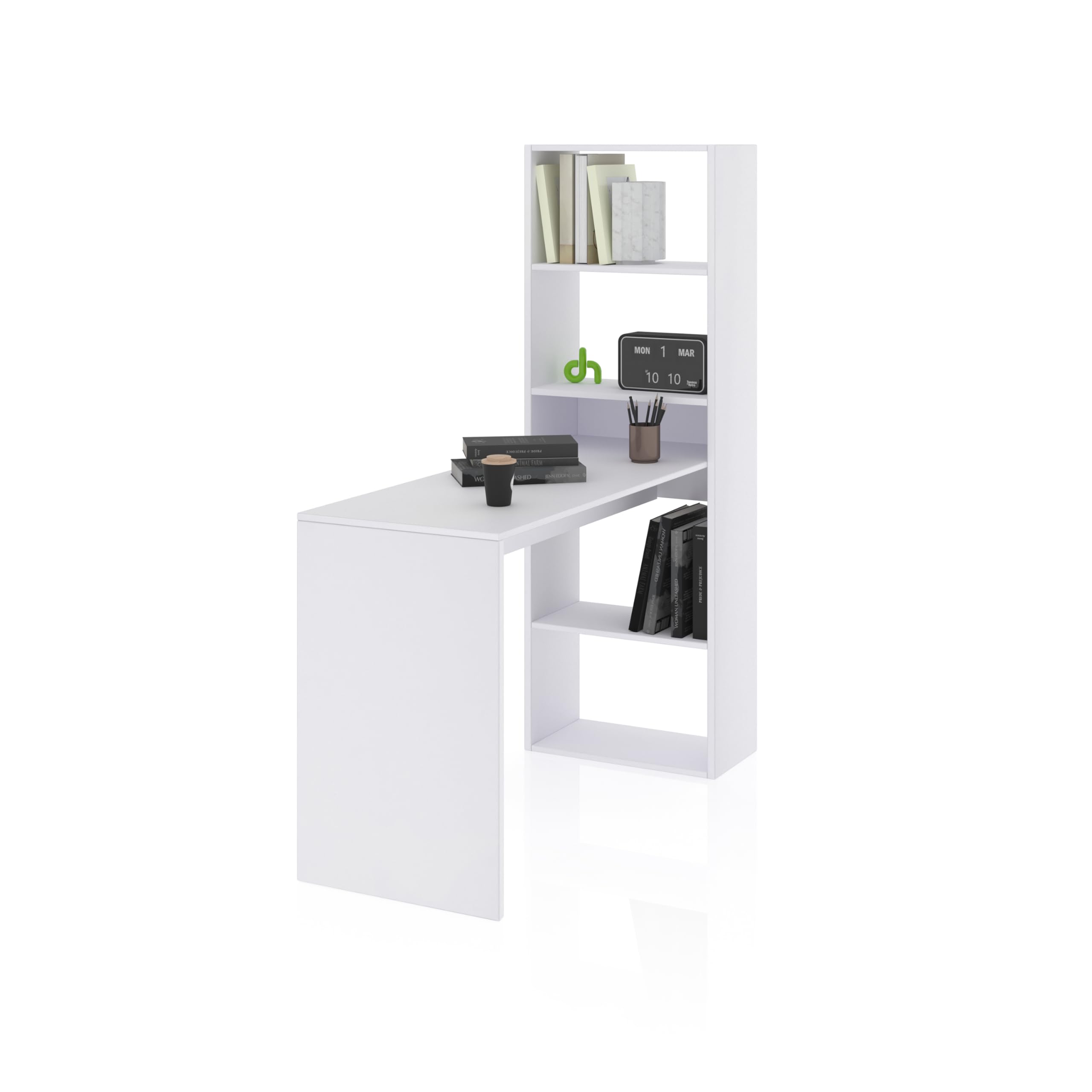 duehome | Escritorio Juvenil con Estanteria Reversible, Mesa de Ordenador, Modelo Cosmic, Acabado en Blanco Artik, Medidas: 120 cm (Largo) x 53 cm (Ancho) x 144 cm (Alto)