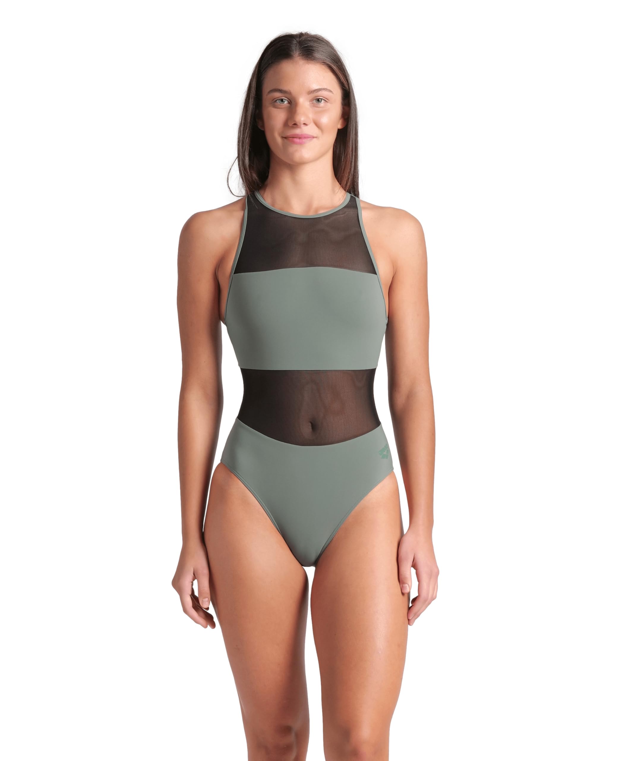 Arena Women's Sage Green Feel Mesh Panels Vent Back Swimsuit One Piece, 36