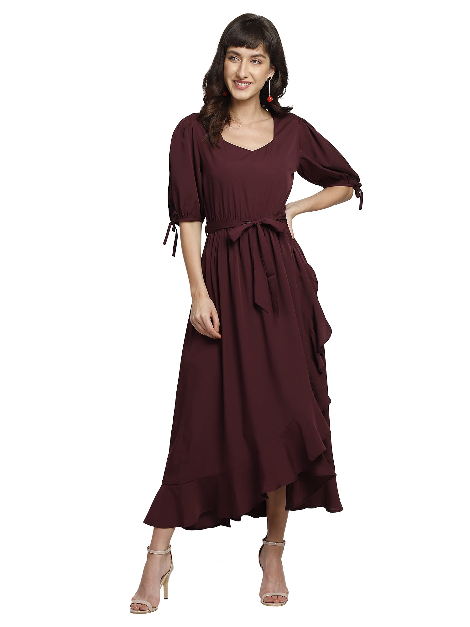 Women's Maxi Fit And Flare Dress With Ruffle Hem Belt (YFDR13WIN_Maroon)