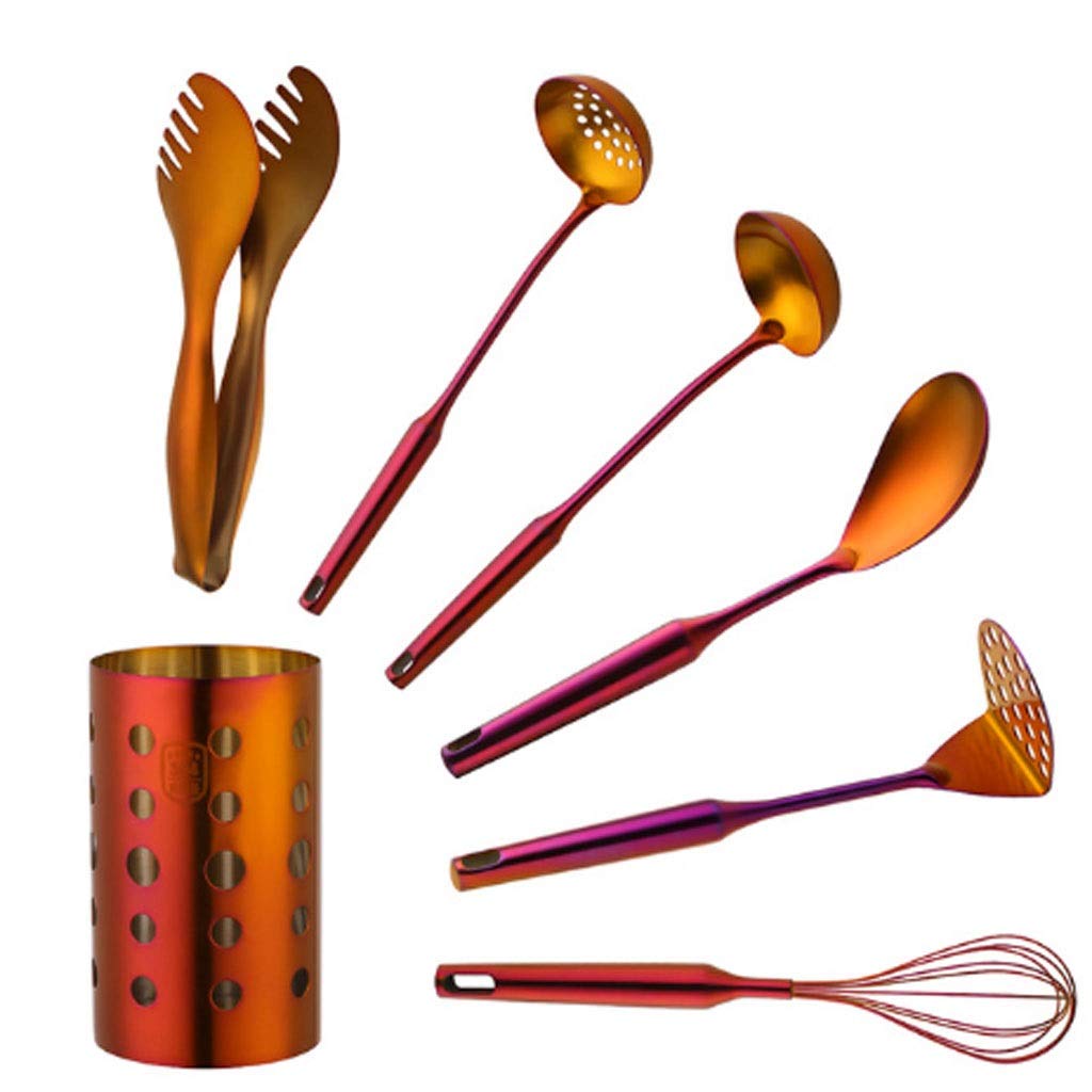 NGDFGR 7Pc Stainless Steel Kitchen Utensils Chopsticks Tube Soup Ladle Colander Set Gold Cooking Tool Set Egg Stirrer Kitchenware Set,Silver-Style 2