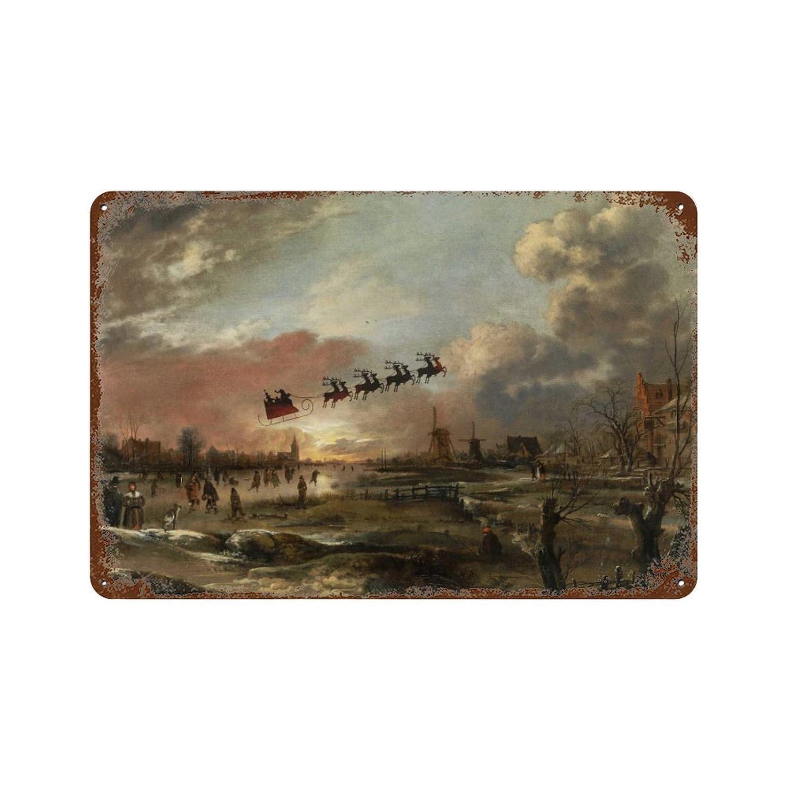 xiaoxiaoshen Vintage Santa Claus with His Sleigh And Reindeer Oil Painting Wall Decor Art Metal Tin Poster Modern Home Decor Art Home Bar Shop Decorations Vintage Sign 20x30cm