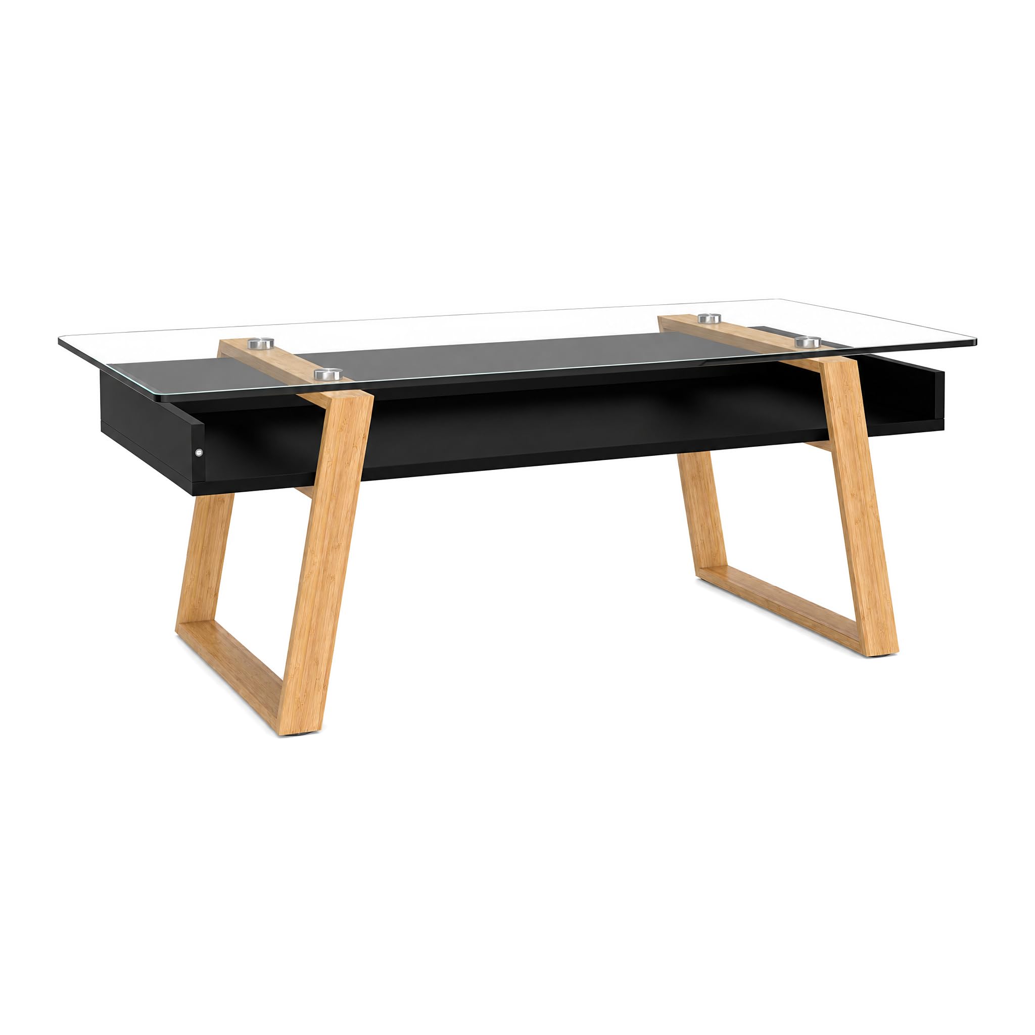 bonVIVO Couchtisch Glas Schwarz mit Bambus – Moderner Glastisch Wohnzimmer mit Ablage 110x55x40 cm – Wohnzimmertisch Schwarz Skandinavischer Couchtisch Holz Glas