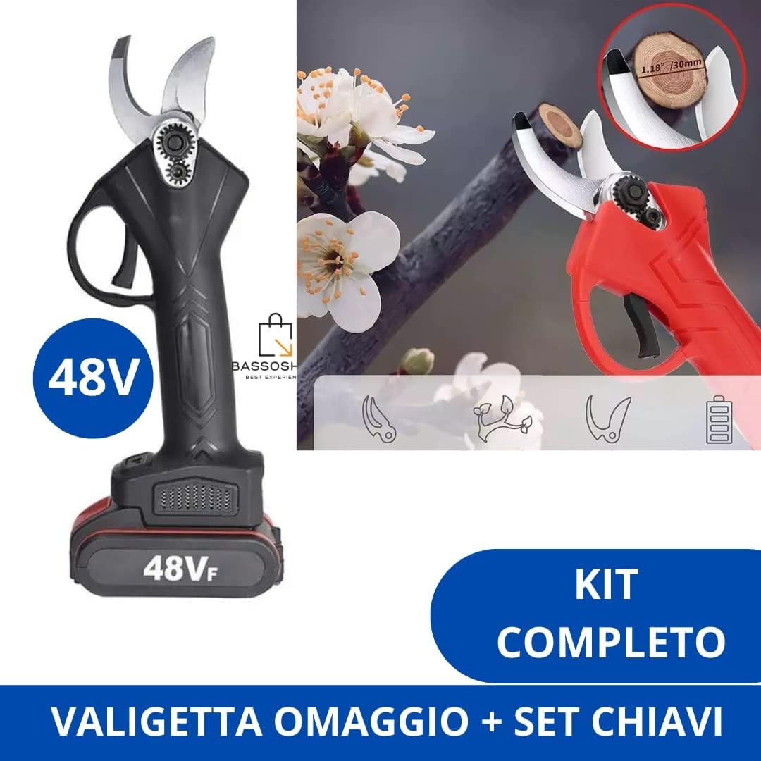 Forbici Potatura con 2 Batterie da 48V Trincia Rami Professionale Cesoie Elettriche Forbice da Giardino Alberi da Frutta Cordless Senza Fili Arbusti, verde blu