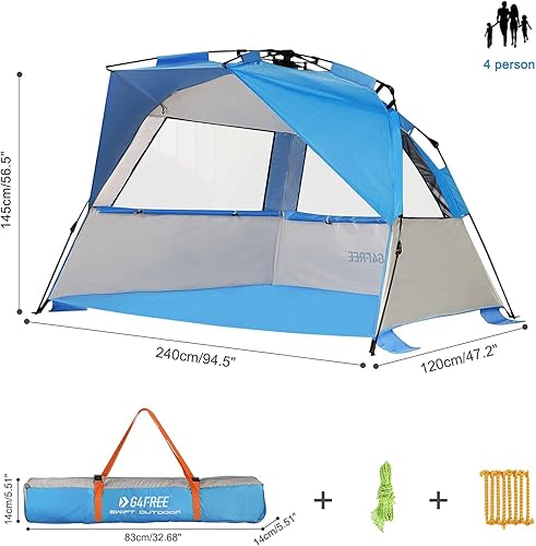Miniatura 6 de G4Free Tienda de campaña de playa fácil de instalar de lujo, XL, refugio solar desplegable para 3-4 personas con protección UPF 50+ sombra de playa