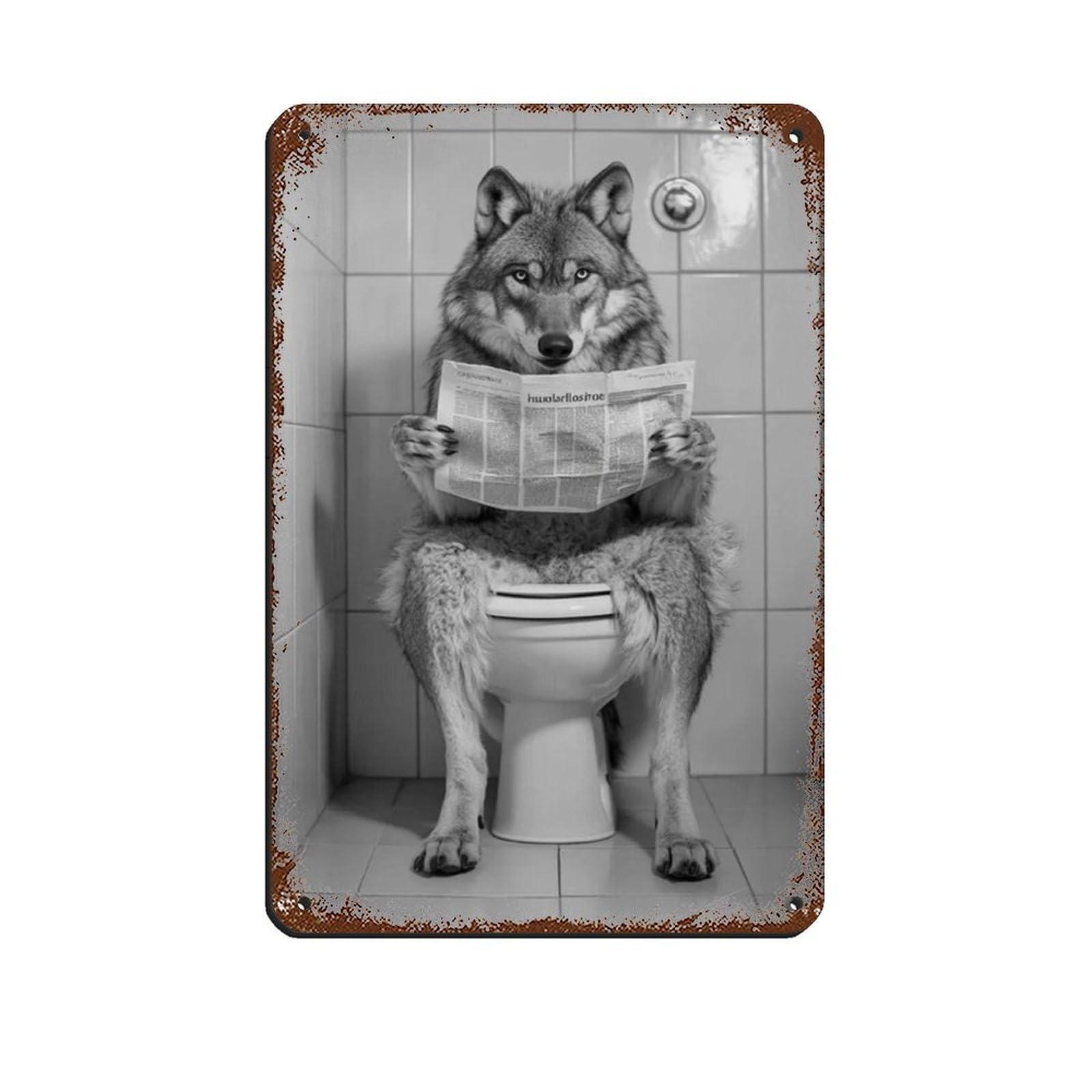 Wolf Sitting on The Toilet Reading A Newspaper Retro Poster Metal Tin Sign Chic Art Retro Iron Painting Bar People Cave Cafe Family Garage Poster Wall Decoration 8x12inch(20x30cm)