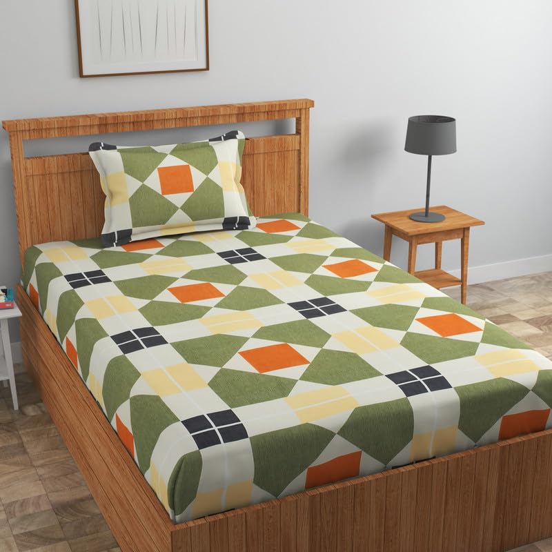 Image of NHD HOME Pure Cotton 180 To 220 Tc Floral Flat Single Bedsheets For Summer Breathable|Wrinklefree|Longlastic Super Soft (Size-60 X 90 Inch) With 1 Pillow Covers (Size-17 X 27 Inches,Green&Beige)