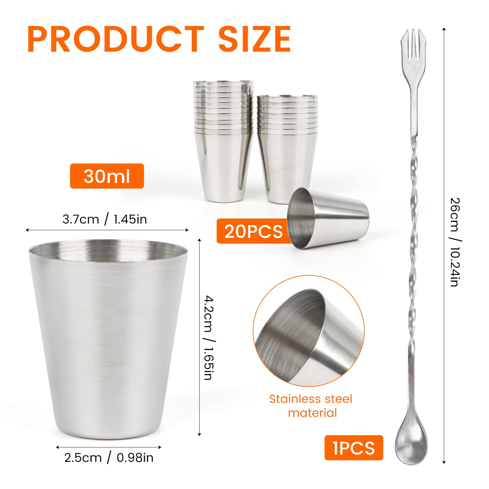 20 vasos de acero inoxidable y 1 cuchara, 30 ml vaso de metal | Apilable viaje