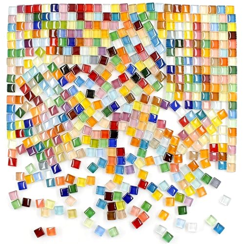 500pcs Glass Mosaic Tiles, 10mm Colorful Square Mosaic Glass Pieces, Transparent Mosaic Tiles Supplies for Picture DIY Home Decoration, Art Crafts