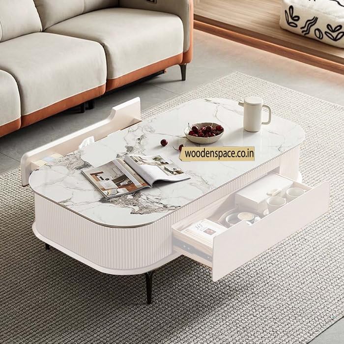 Image of WOODEN SPACE Premium Solo Marble-Top Wooden Center Table for Living Room | Iron Legs | PVD Coating | Modern Entryway Furniture | Coffee Table - 42X24X18 in (White)