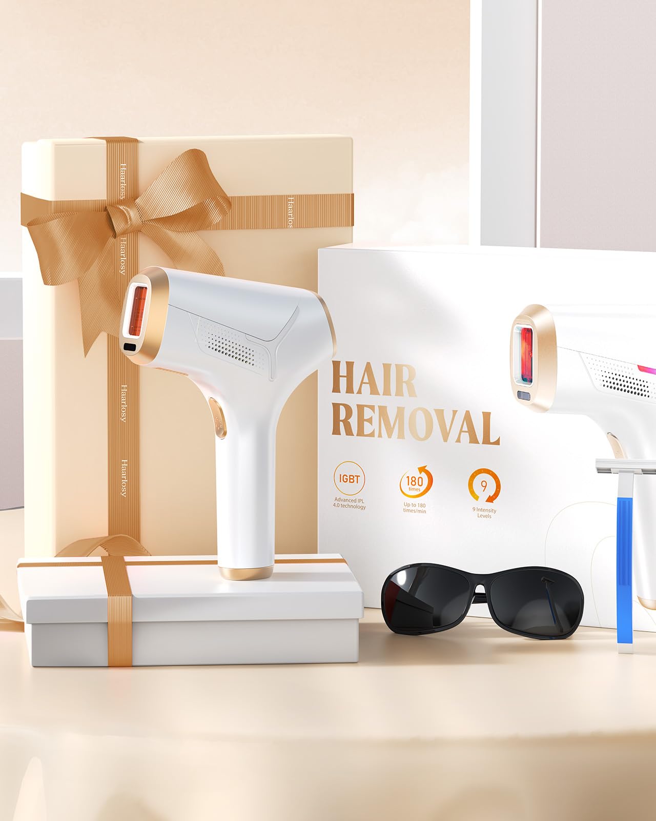 Haarlosy IPL Geräte Haarentfernung Laser - Schmerzfreie Haarentfernungsgerät Effektiv in 3 Wochen mit 0,12s Blitz zu Hause, 9 Energiestufen und Hautschutz für Frauen, Männer, Gesicht, Bikini, Körper