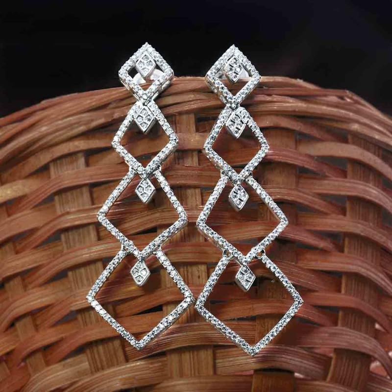 Image of Kollam Supreme Rhodium Plated Brass American Diamond Pave Long Earrings for Girls.