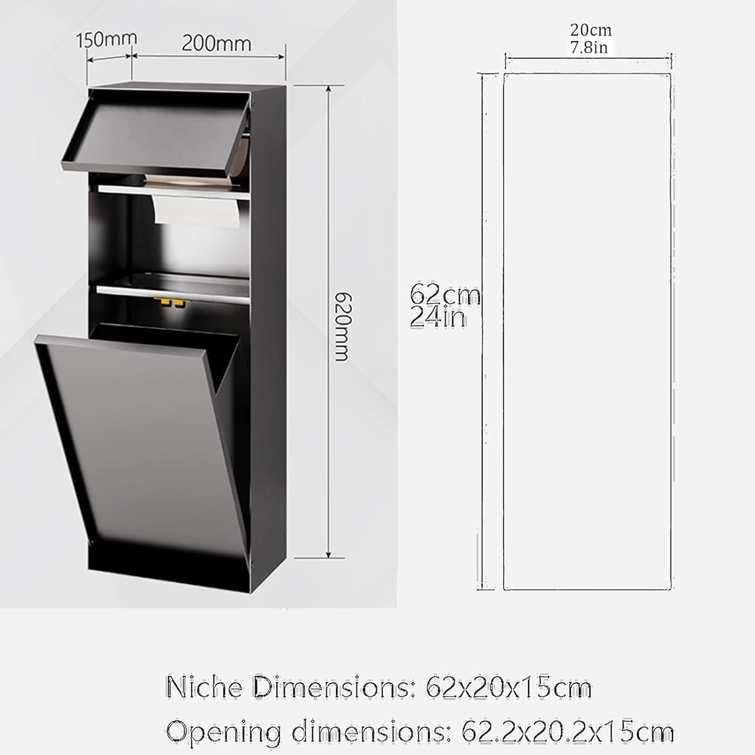 Recessed Toilet Paper Holder, Stainless Steel Bathroom Niche, Multipurpose Niche, with Tissue Box & Trash Can, Space Saving, Easy to Clean, for Shower Room, Bathroom Renovation Hotels