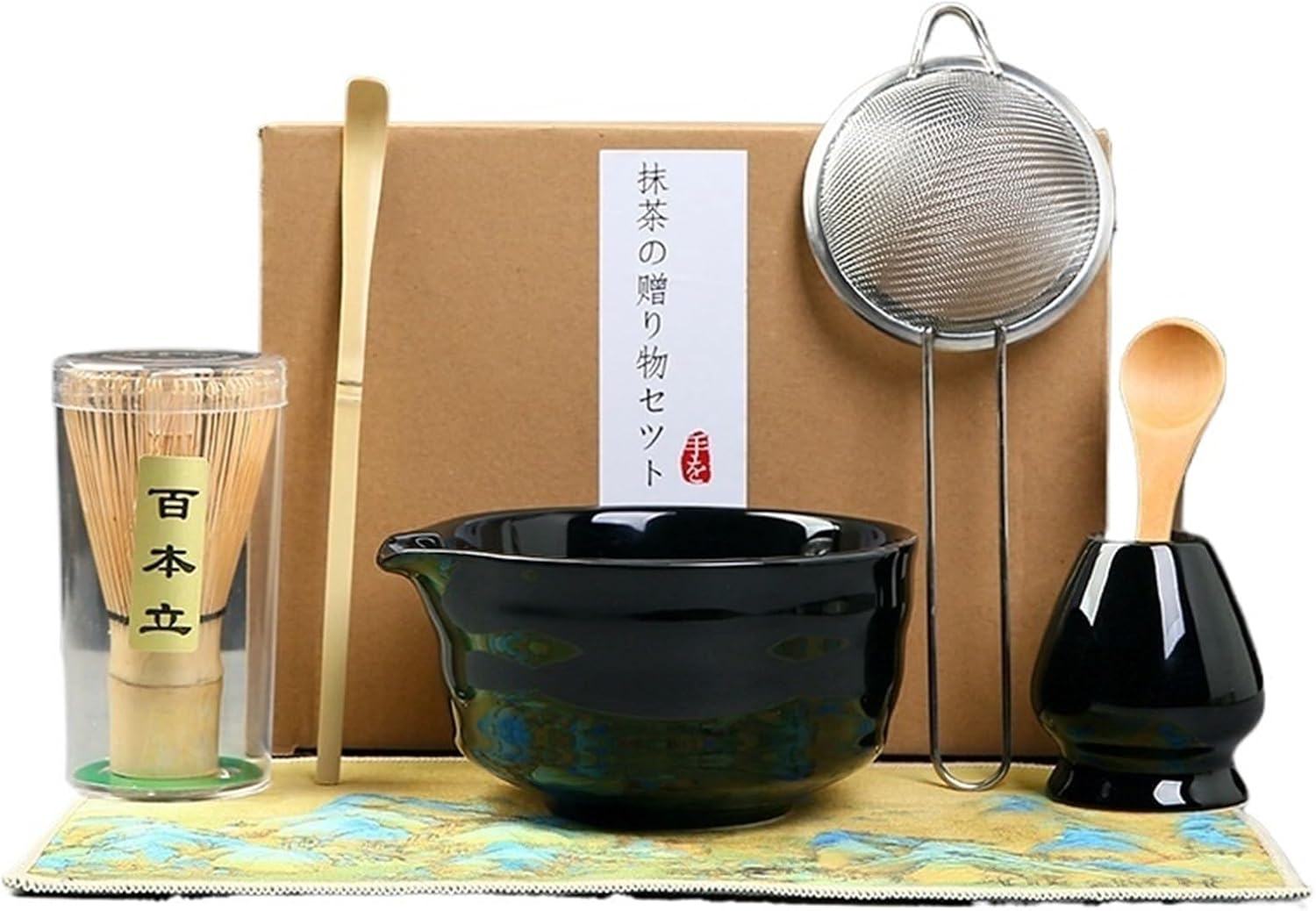 7pcs Traditional Bamboo Ceramic Matcha Tea Set with Spout Reusable Matcha Set Food Grade Safe Match Bowl Stirring(7pcs-MGN)