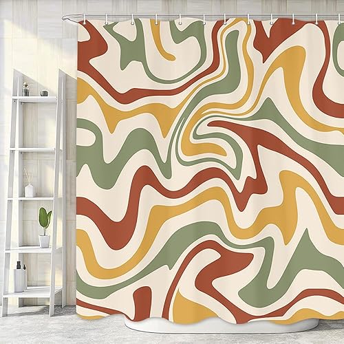 Mtsxfy - Cortina de ducha bohemia de color verde salvia, bonita estética de los años 70, diseño abstracto de los años 70, con ganchos, 72 x 72