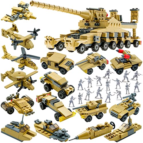 STEM Building Toys Set, Creative Army Toys for 6 7 8 9 10 Year Old Boy Kids Gifts, with 544 PCS Military Vehicles Model Blocks Toy and 20 Little Toy Soldiers, 16 in 1 Building Bricks Army Tank