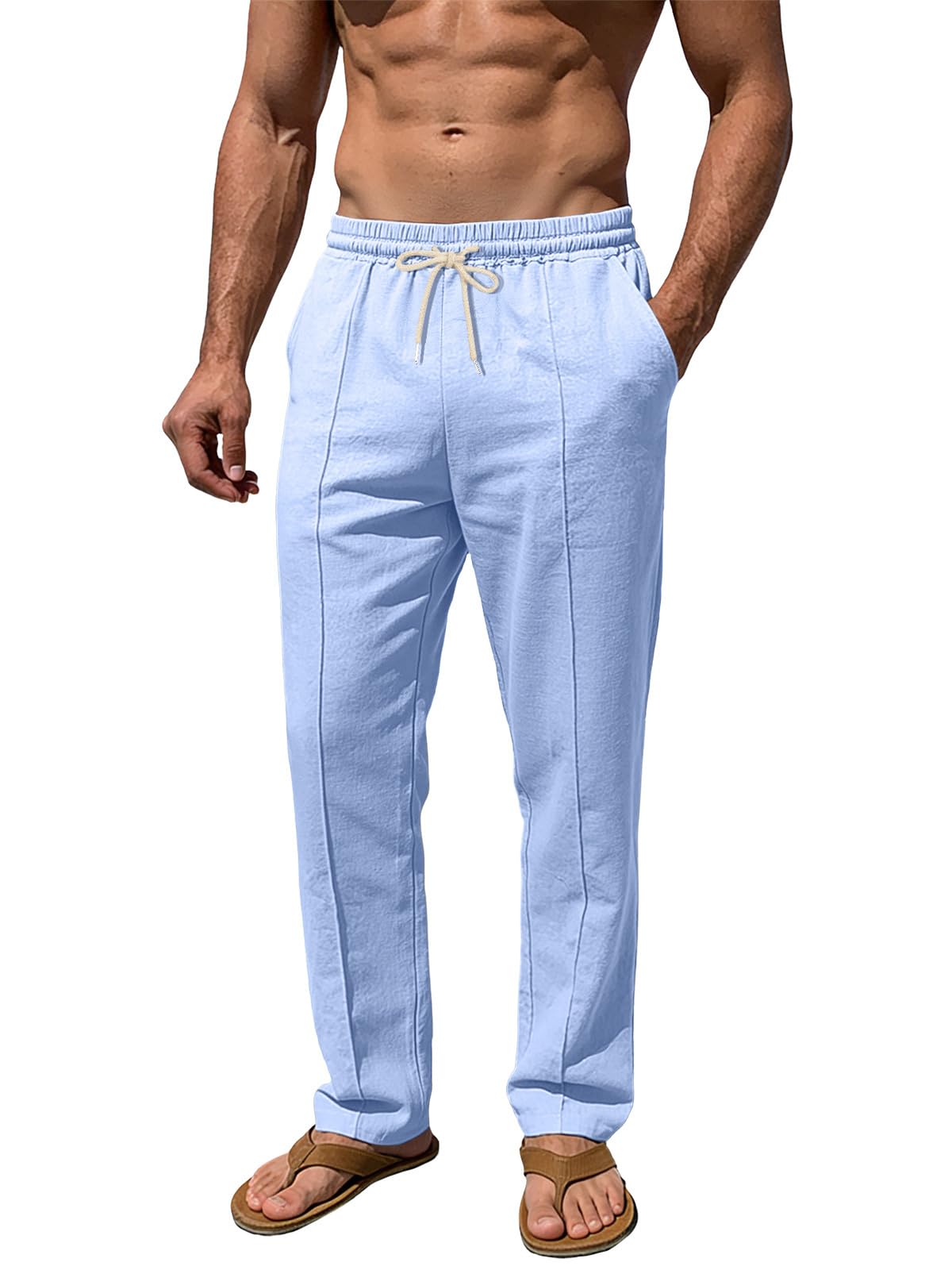 Mens Linen Pants Casual Beach Yoga Pants Elastic Waist Drawstring Straight Leg Loose Lightweight Trousers with Pockets