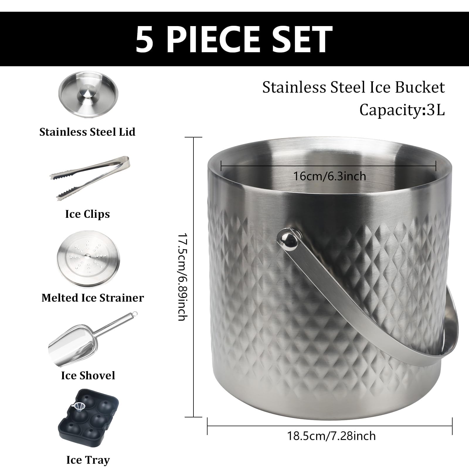 3L cubiteras para hielo grande hielera portátil cubiteras para botellas de doble pared de acero inoxidable champanera de diamante con Tapa Colador Cuchara hielo cubitos de hielo y Pinza